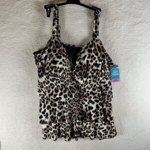 Swim Solutions Triple Tiered Tankini Top Women's 22W Tan Beige Leopard‎ V-Neck